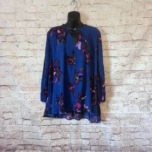 Free People Blue Tunic/ Top with Pink Floral Accents